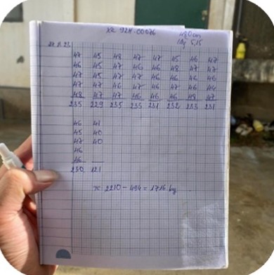 Farm record book of duck weighing data at the Nguyen Duc Nga farm, Hoai An – Binh Dinh | Sổ ghi chép số liệu cân vịt tại trại, GREENFEED