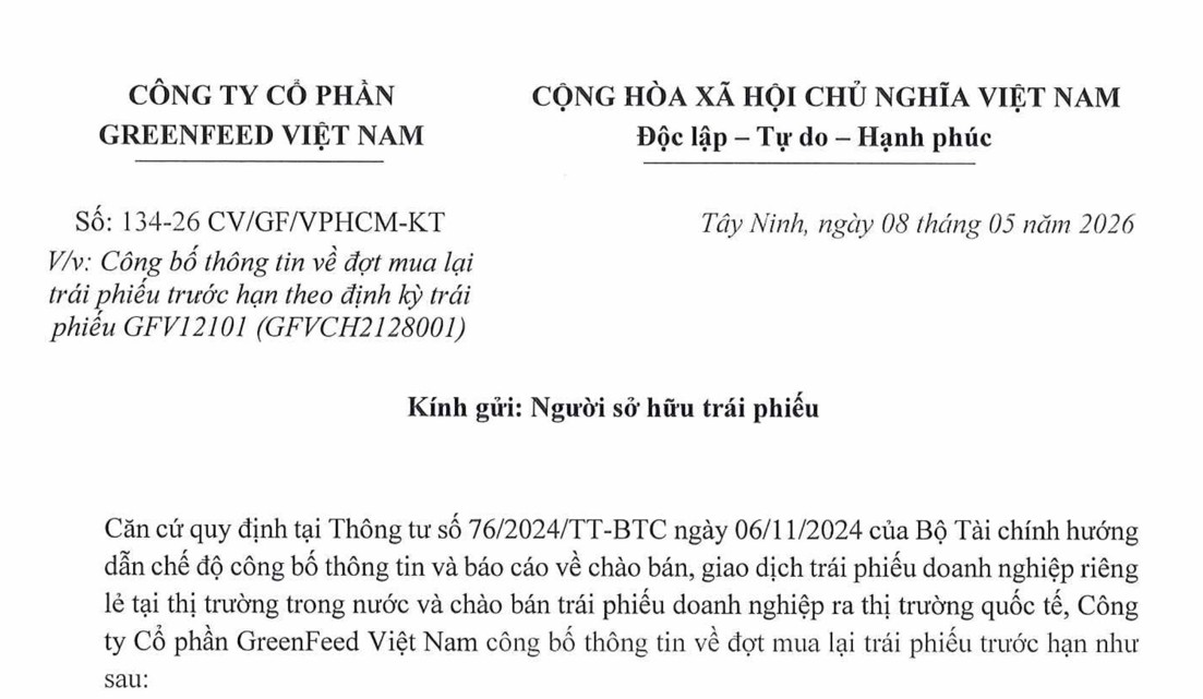 (ĐỢT 2) CÔNG BỐ THÔNG TIN VỀ ĐỢT MUA LẠI TRƯỚC HẠN ĐỊNH KỲ TRÁI PHIẾU CÔNG TY CỔ PHẦN GREENFEED VIỆT NAM GFV12101 (GFVCH2128001)