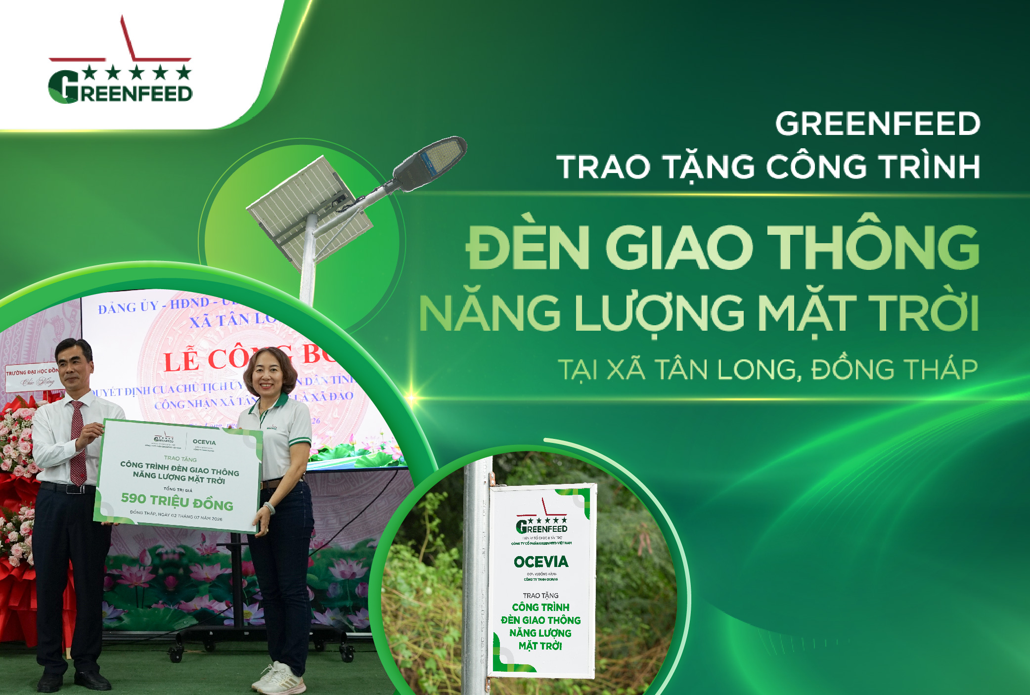 GREENFEED TRAO TẶNG CÔNG TRÌNH ĐÈN GIAO THÔNG NĂNG LƯỢNG MẶT TRỜI TẠI XÃ TÂN LONG, ĐỒNG THÁP